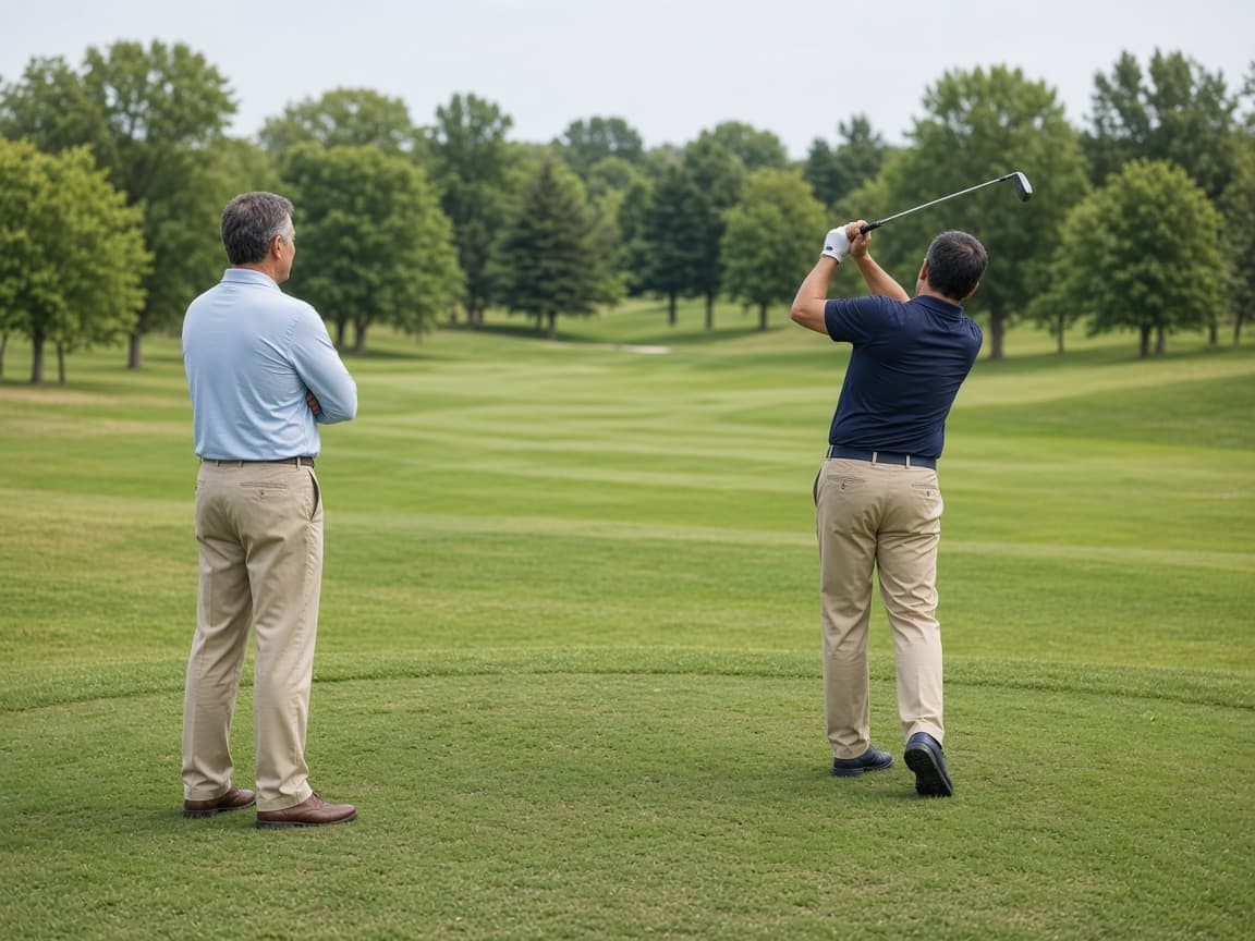 A coach watching a player swing on the tee.