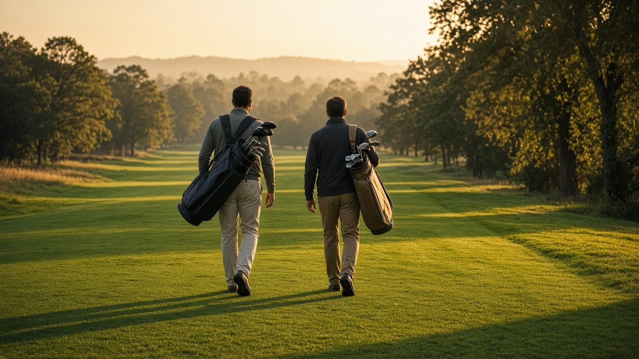 Two golfers walking down a fairway.