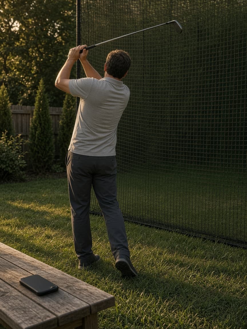 A golfer practicing a swing into a net.