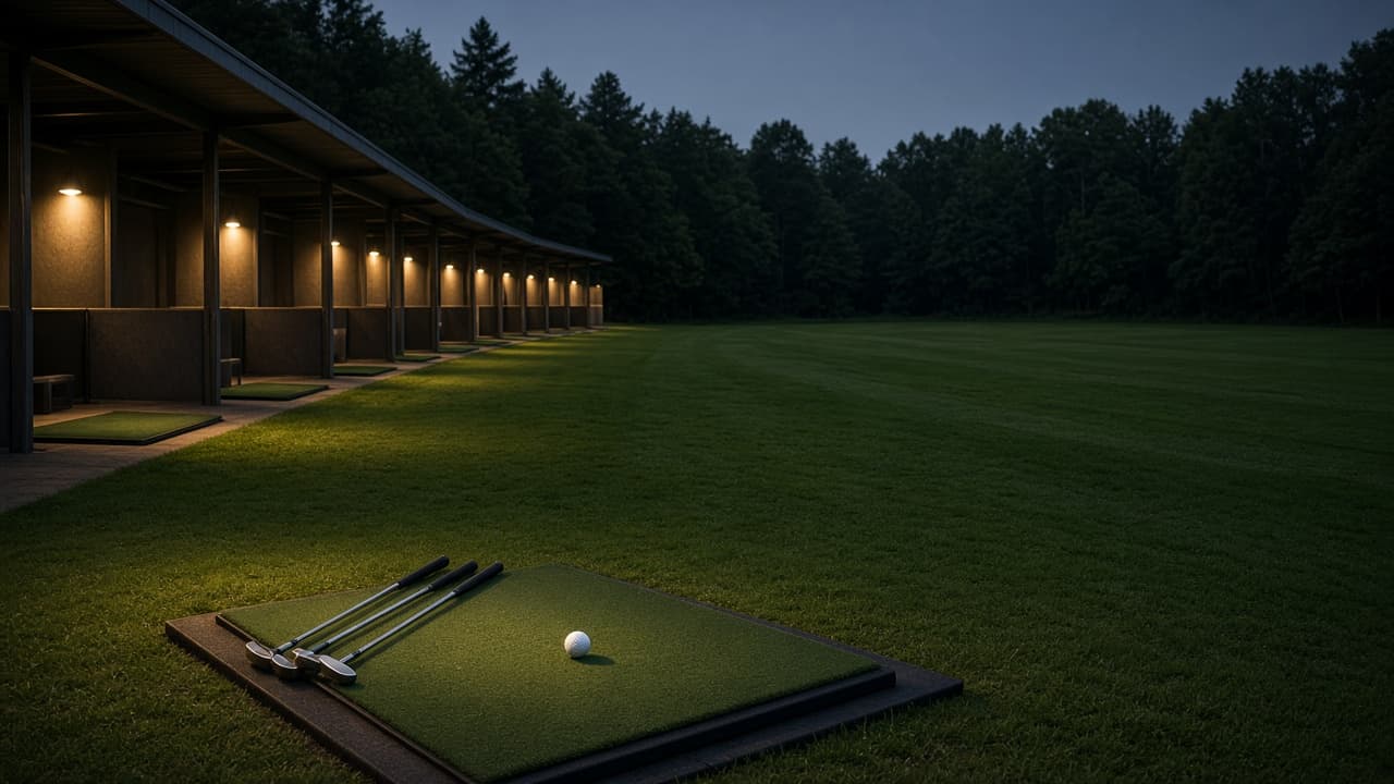 Driving range bays under evening lights.